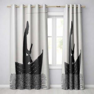 May include: A pair of white curtains featuring a black graphic print of a person sitting in a small boat. The design includes a silhouette of the figure and the boat, with a textured pattern of small black text covering the lower portion of the fabric.