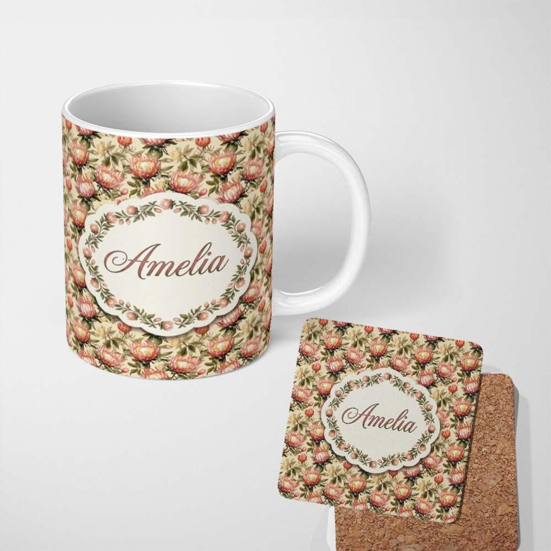 Retro Botanical Pattern Personalized Custom Name Vintage Protea Floral Botanical Seamless ...