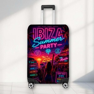 May include: A rolling suitcase featuring a vibrant neon-style graphic of a sunset beach party. The design includes text reading IBIZA Summer PARTY, EAT SLEEP DANCE REPEAT, and various signs like BEACH, COCKTAILS, and DANCING against a dark tropical backdrop.