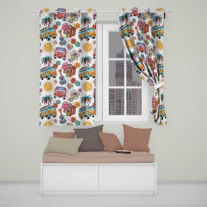 May include: A pair of white curtains featuring a repeating pattern of colourful camper vans, acoustic guitars, palm trees, suns, cameras, and flowers. The curtains hang on a rod over a window, with a bench featuring several solid-coloured pillows below.