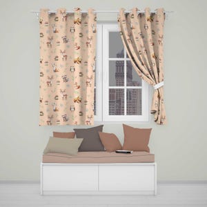 May include: Light peach curtains featuring a repeating pattern of woodland animals including deer, foxes, owls, raccoons, and bears, paired with a white window frame and a bench seat with four solid-coloured throw pillows in shades of grey and tan.