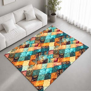 Turquoise Orange Patchwork Quilt Pattern Rug Non-Slip Soft Area Carpet Bedroom Living Room Hallway Mat Decor - Made in UK