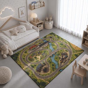 May include: A rectangular area rug featuring a detailed overhead illustration of a train track network winding through a green landscape with a river, small buildings, and a train station, rendered in shades of green, brown, and blue.