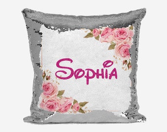 Personalised Name Mermaid Shiny Sparkly Sequin Silver Magic Floral Roses Pink Gift Bedroom Cushion Cover With Pillow Gift Kids Boys Girls