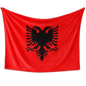 May include: A red flag featuring a black double-headed eagle emblem. The flag is rectangular and hangs from a top rod, with a vibrant red background and a detailed black eagle in the centre.