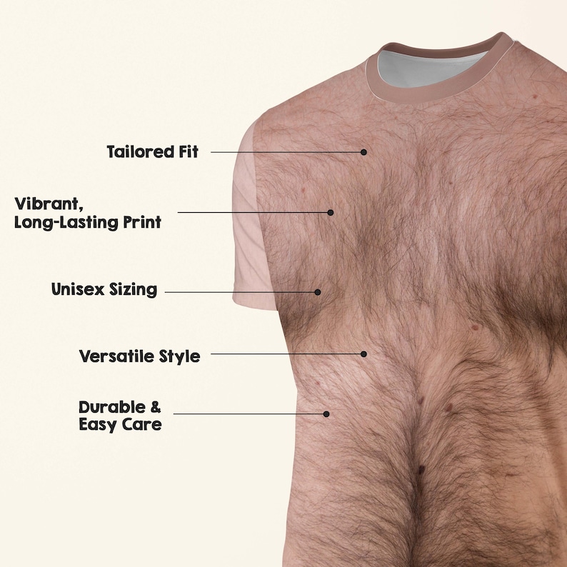 Puede incluir: Una camiseta con una impresi&oacute;n realista de un torso peludo. La camiseta tiene cuello redondo y mangas cortas. El texto en la camiseta dice: Corte a medida, Impresi&oacute;n vibrante y duradera, Talla unisex, Estilo vers&aacute;til, Duradero y f&aacute;cil cuidado.