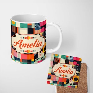 Personalized Custom Name Abstract Patchwork Geometric Textured Blocks Seamless Pattern Name 11oz Ceramic Coffee Tea Mug White Large Handle