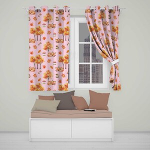 Cute Autumn Fox Leaves Mushrooms Watercolor Pink Background Seamless Pattern  Readymade Eyelet Ring Top Thermal 100% Blackout Curtains