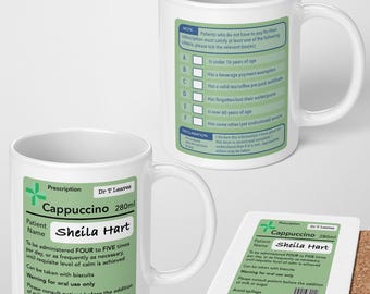 Personalise Your Name Pharmacy Prescription Doctor Nurse Joke Tea His Hers Coffee Tea Mug Cup Gift 11oz Ceramic Mug And Coaster Set Option