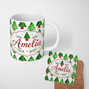 Personalized Custom Name Watercolor Christmas Trees in Pots Hand Painted Seamless Pattern 11oz Ceramic Coffee Tea Mug White Large Handle