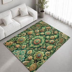 May include: A rectangular area rug featuring a dense, intricate floral pattern in shades of deep forest green, sage, gold, and burnt orange. The design includes ornate, swirling botanical motifs and large, layered flower blossoms across the surface.