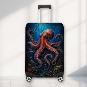 May include: A rolling suitcase featuring a vibrant underwater scene with a large orange octopus as the central focus. The octopus is surrounded by deep blue ocean water, coral reefs, and small fish. The luggage has a retractable handle and wheels.
