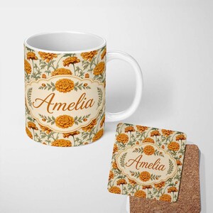 Personalized Custom Name Orange Floral Stem Botanical Seamless Pattern on Light Background 11oz Ceramic Coffee Tea Mug White Large Handle
