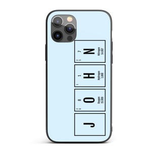 May include: A light blue phone case with a black border. The case displays the name "JOHN" using elements from the periodic table: Nitrogen, Hydrogen, and Oxygen. The case is designed for a smartphone.