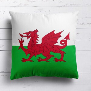 May include: A white cushion with a red dragon on a green and white background. The dragon is the Welsh flag.
