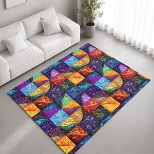 Colourful Quilted Patchwork Swirl Pattern Rug Non-Slip Soft Area Carpet Bedroom Living Room Hallway Mat Decor - Made in UK
