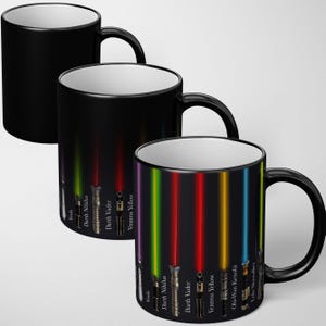 May include: Black heat-sensitive mug with a white interior. The mug features colourful lightsaber illustrations with names like "Yoda" and "Darth Vader" on a black background. The mug changes when hot.