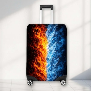May include: A rectangular rolling suitcase featuring a split design with vibrant orange and yellow flames on the left side and jagged, crystalline blue ice shards on the right side. The luggage has a black frame, a retractable handle, and wheels.