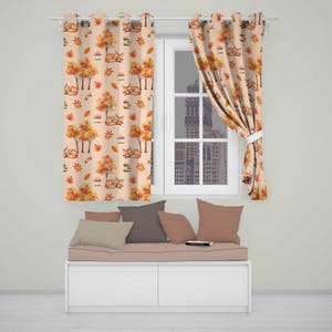 Cute Autumn Fox Leaves Mushrooms Watercolor Warm Beige Seamless Pattern  Readymade Eyelet Ring Top Thermal 100% Blackout Curtains
