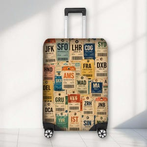 May include: A rolling suitcase featuring a collage of vintage-style airport luggage tags. The tags display various international airport codes including JFK, SFO, LHR, CDG, SYD, HND, FRA, DXB, DEL, BKK, AMS, MAD, MIA, GRU, HKG, ZRH, JNB, DCA, YVR, IST, and SIN.