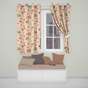 Woodland Fox with Trees Leaves Mushrooms Soft Beige  Seamless Pattern  Readymade Eyelet Ring Top Thermal 100% Blackout Curtains