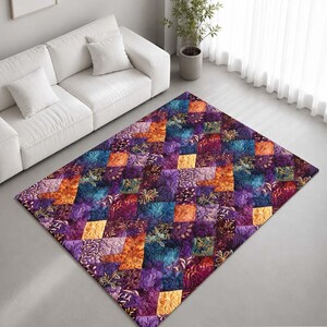 Purple Blue Floral Patchwork Quilt Pattern Rug Non-Slip Soft Area Carpet Bedroom Living Room Hallway Mat Decor - Made in UK