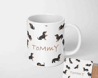 Taza personalizada con nombre y diseño de perro salchicha / Taza con nombre y color personalizados / Diseño de perro salchicha / Taza adorable para amantes de los perros / Regalo divertido para dueños de mascotas y familias