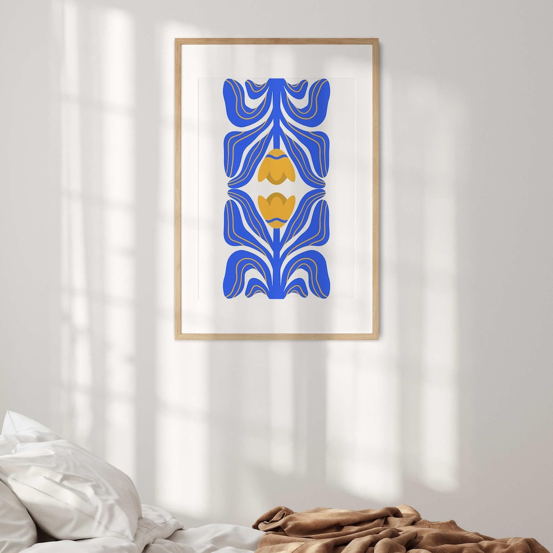 Abstract Floral Design in Blue and Gold Modern Botanical Art Print ...