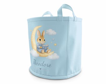 Personalised Bunny Moon Laundry Storage Bag Custom Name and Colour Cute Cuddly Nursery Playroom Toy Basket Baby Shower Children Bedroom Gift