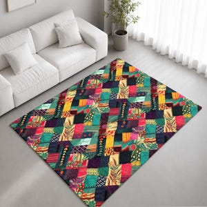 Jewel Tone Floral Patchwork Quilt Pattern Rug Non-Slip Soft Area Carpet Bedroom Living Room Hallway Mat Decor - Made in UK