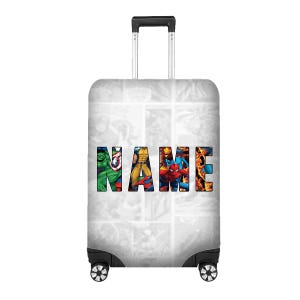 May include: A grey rolling suitcase featuring a comic book design. The word "NAME" is displayed in colourful letters, each filled with a different Marvel character. The suitcase has a retractable handle and black wheels.