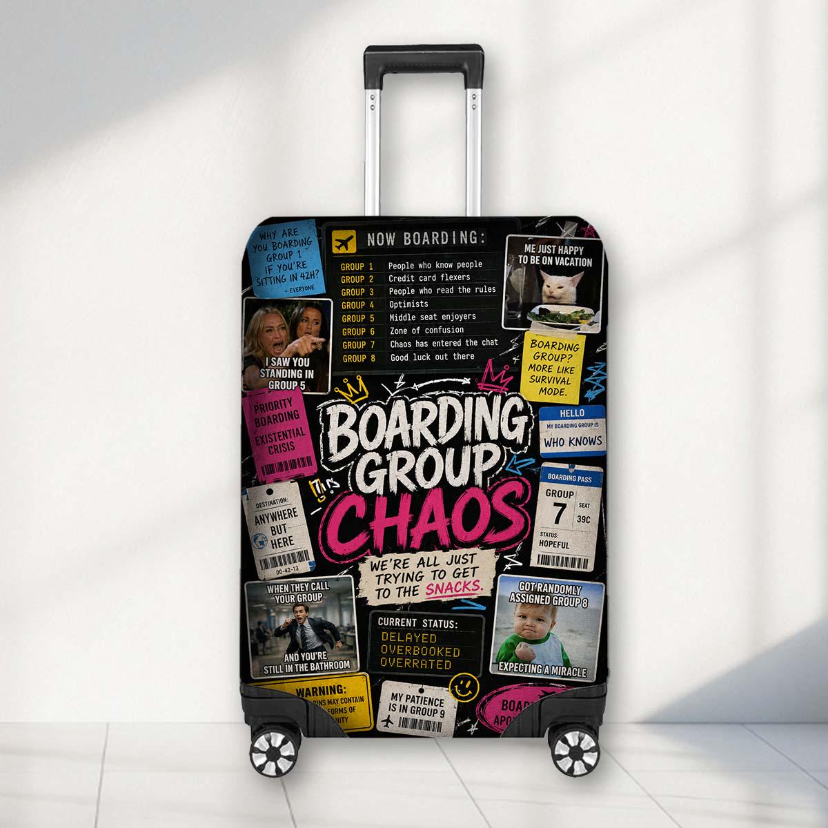 May include: A black suitcase cover featuring a collage of travel-themed graphics and text including "BOARDING GROUP CHAOS," "WE'RE ALL JUST TRYING TO GET TO THE SNACKS," and various humorous boarding pass designs, memes, and warning labels in white, pink, and yellow.