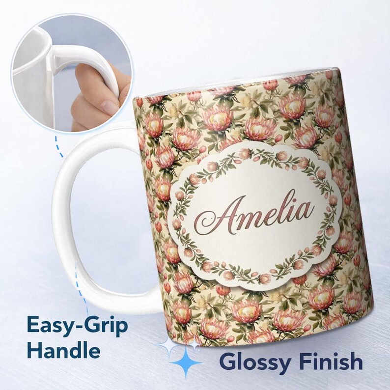 Retro Botanical Pattern Personalized Custom Name Vintage Protea Floral Botanical Seamless ...