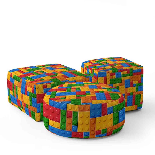 Bouwsteenpatroon poef Kleurrijk blokontwerp Leuk kinderzitje Speelkamer Slaapkamer of woonkamer Cadeau voor jongens Meisjes of familie Woondecoratie