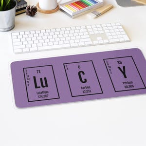 May include: A purple desk mat displaying the periodic table elements Lu, C, and Y. Each element is in a black box with its atomic number, symbol, and atomic weight. A white keyboard is in the background.
