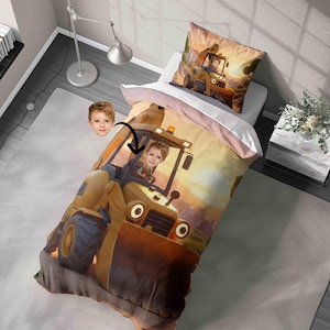 May include: A duvet cover and pillowcase set with a construction theme. The bedding features a cartoon illustration of a child driving a yellow bulldozer. The set is designed for a single bed.