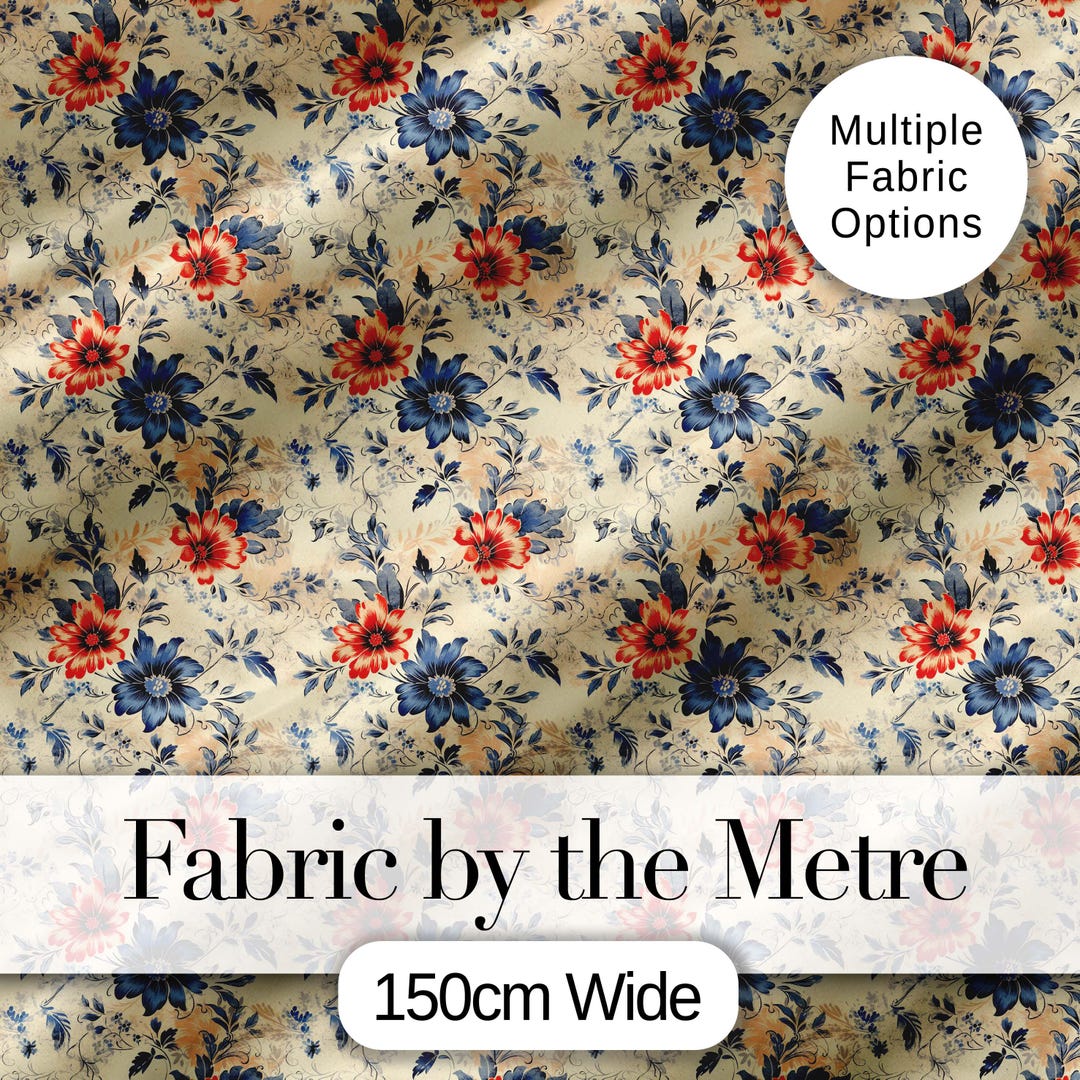 Blue Red Botanical Floral Vintage Seamless Pattern Digital Print Fabric ...