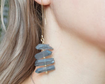 Quartz Crystal Earrings, Blue Quartz Crystal Earrings, Luxury Bohemian Dangle Earrings