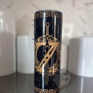 20oz Sublimation Gold Zelda Tears of The Kingdom Tumbler. Sheikah slate text. Hyrule. Distressed Battle Tumbler. Faux Textured Gold