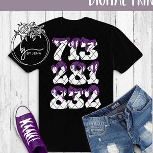 May include: Black t-shirt featuring the numbers 713, 281, and 832 in white, with a purple dripping design. The image includes denim shorts and a purple trainer. The text "DIGITAL PRINT + CUT FILE" is at the top.