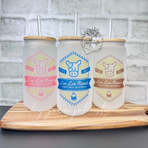 18 oz d'Ocarina. Time Lon Gobelet Lon Milk en verre givré avec couvercle en bambou. Paille de verre. Hyrule Wind Waker. Casquette Minish. Chocolat. Fraise