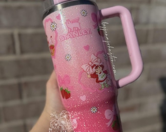 Glittered 30z Stanley Tumbler Strawberry Girl. Bows. Daisies. Nostalgia. 80s 90s