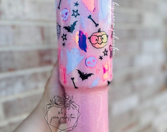 Sweet and Spooky. Pink cute halloween. Holographic. Bats. Ghost. Skulls. Glitter Epoxy tumbler