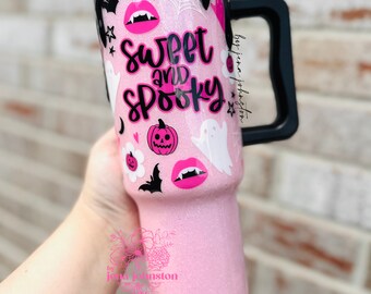 Sweet and Spooky. Pink cute halloween. Holographic. Bats. Ghost. Vampire spiders. Glitter Epoxy tumbler