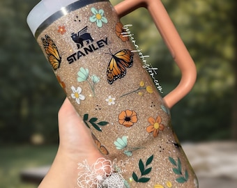 Ready to ship - Glittered 30z Stanley Tumbler: Floral Butterflies Design