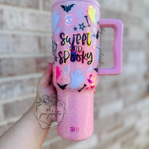 Sweet and Spooky. Pink cute halloween. Holographic. Bats. Ghost. Skulls. Glitter Epoxy tumbler