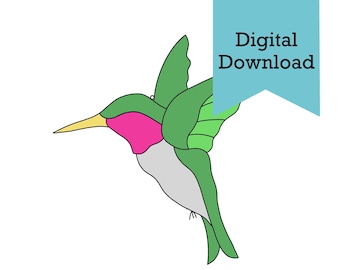 Modello digitale di acchiappasole colibrì in vetro colorato, design artigianale di un uccello in volo modello pdf di una creatura del bosco per gli amanti della natura