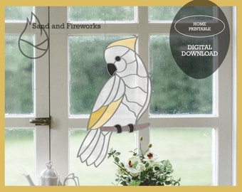 Stained Glass Cockatoo Suncatcher Pattern, Tropical Bird Art (PDF Pattern)