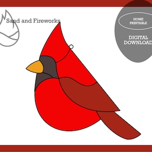 K&ouml;nnte beinhalten: Eine druckbare Vorlage f&uuml;r ein Buntglasfenster mit einem roten Kardinal mit schwarzen Augen und einem gelben Schnabel. Die Vorlage ist f&uuml;r ein Bastelprojekt f&uuml;r zu Hause.