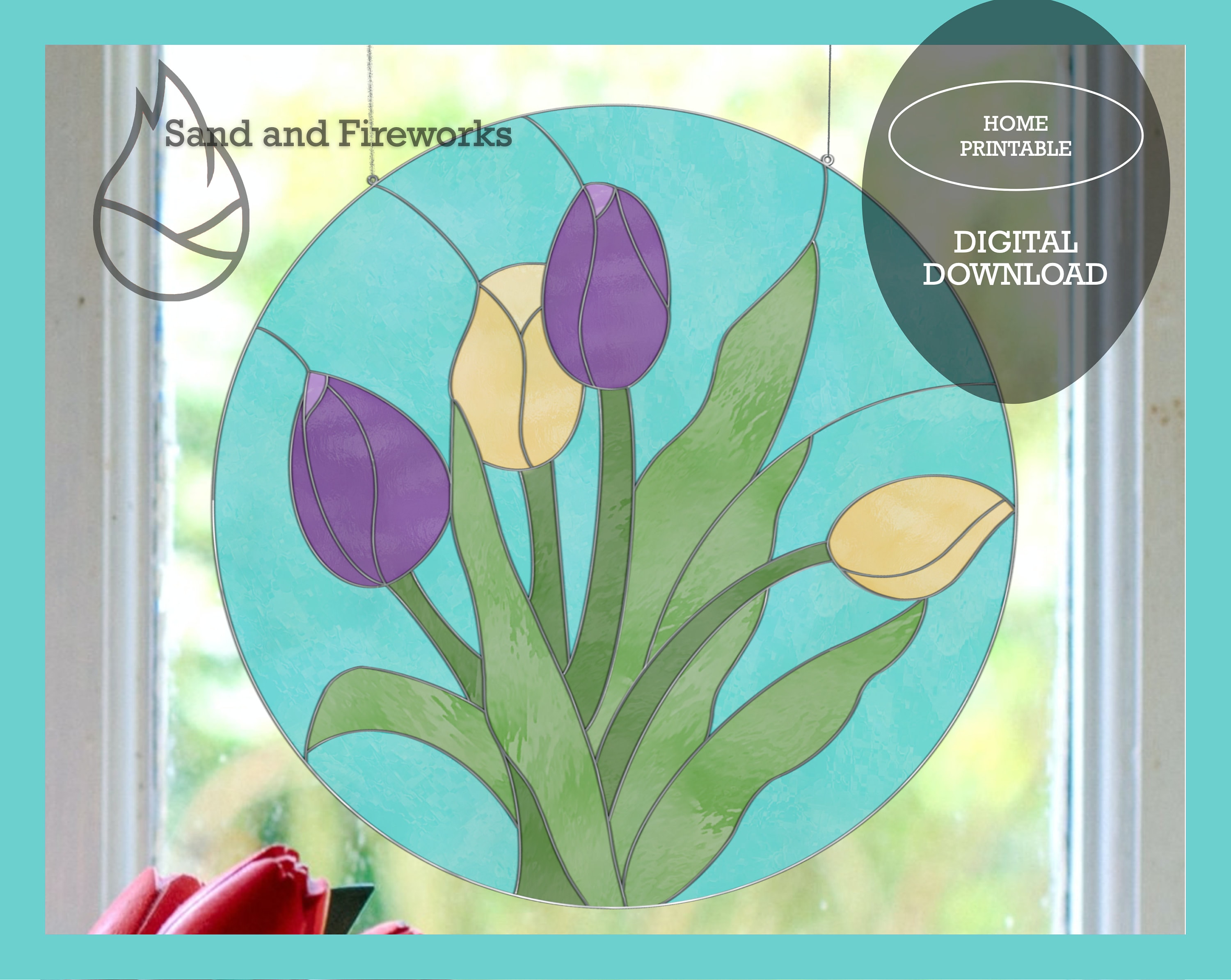 ステンドグラスのパターン、チューリップのパネルデザイン、母の日の